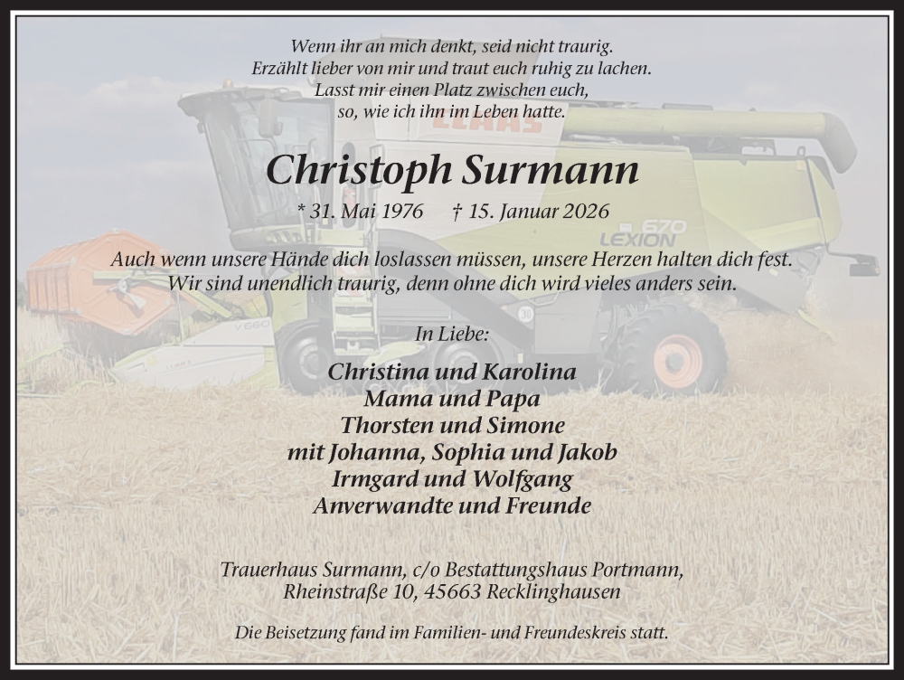  Traueranzeige für Christoph Surmann vom 31.01.2026 aus Trauer Vest