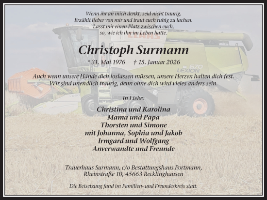 Traueranzeige von Christoph Surmann von Trauer Vest