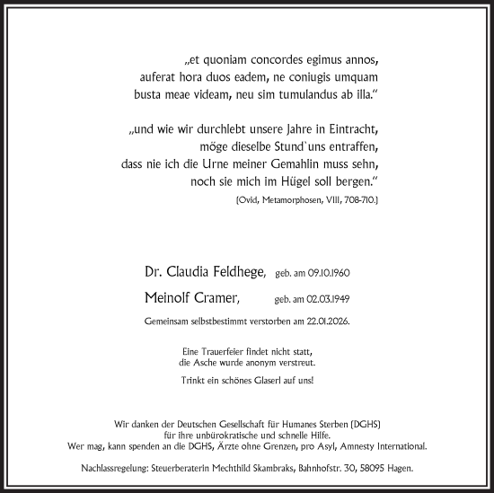 Traueranzeige von Claudia Feldhege von Trauer Vest