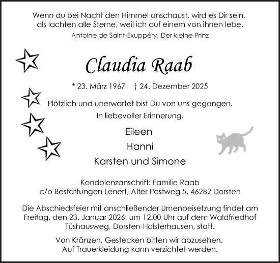 Traueranzeige von Claudia Raab von Ruhr Nachrichten und Dorstener Zeitung