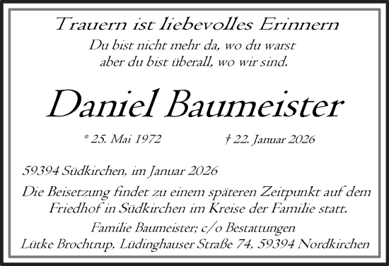 Traueranzeige von Daniel Baumeister von Ruhr Nachrichten