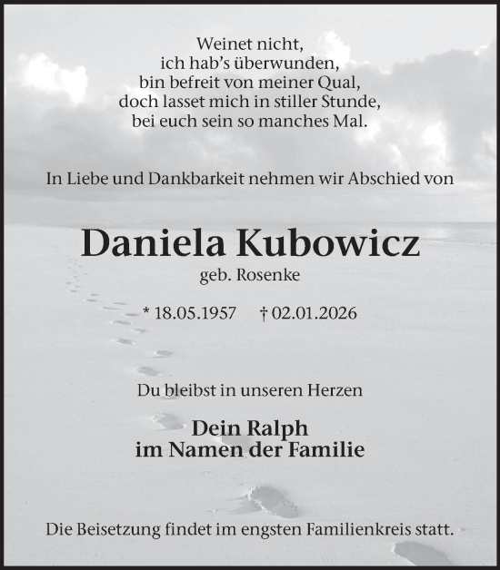 Traueranzeige von Daniela Kubowicz von Trauer Vest