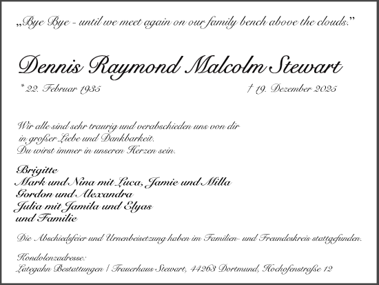 Traueranzeige von Denis Raymond Malcolm Stewart von Ruhr Nachrichten