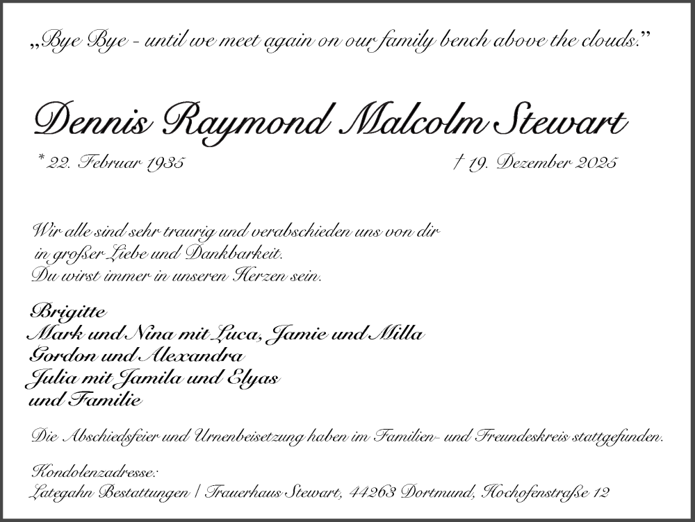  Traueranzeige für Denis Raymond Malcolm Stewart vom 10.01.2026 aus Ruhr Nachrichten