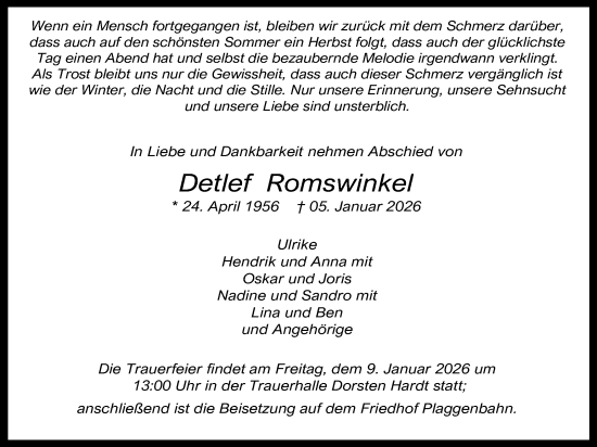 Traueranzeige von Detlef Romswinkel von Ruhr Nachrichten und Dorstener Zeitung
