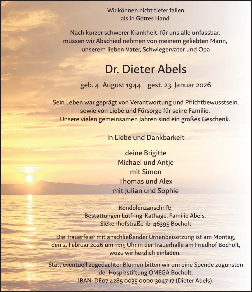  Traueranzeige für Dieter Abels vom 27.01.2026 aus 