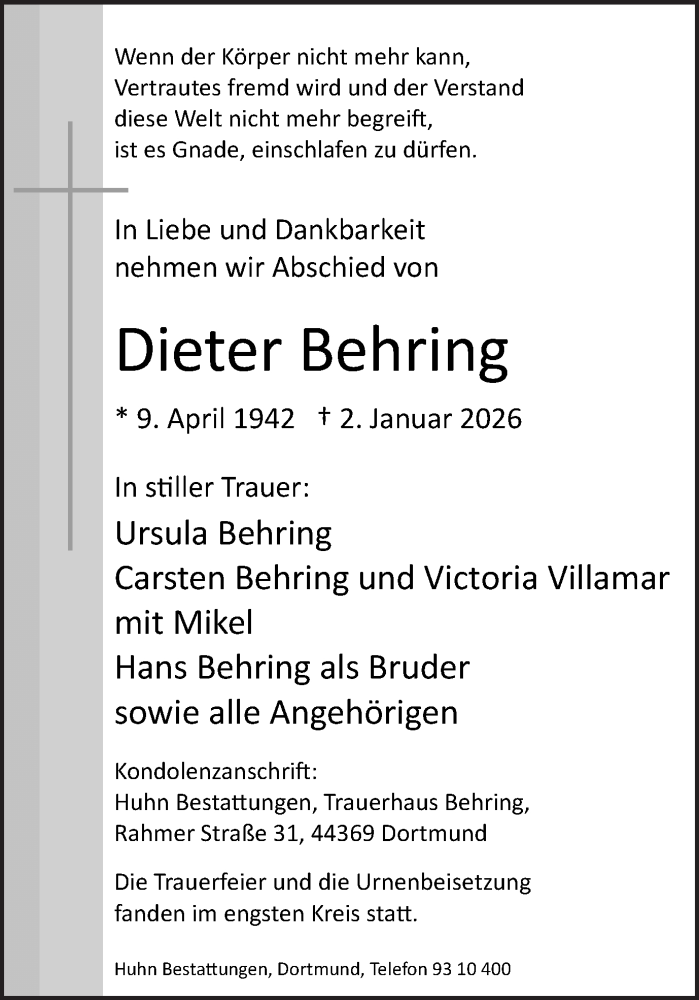  Traueranzeige für Dieter Behring vom 17.01.2026 aus Ruhr Nachrichten
