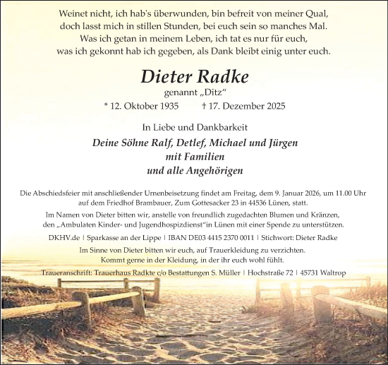 Traueranzeige von Dieter Radke von Lüner Anzeiger