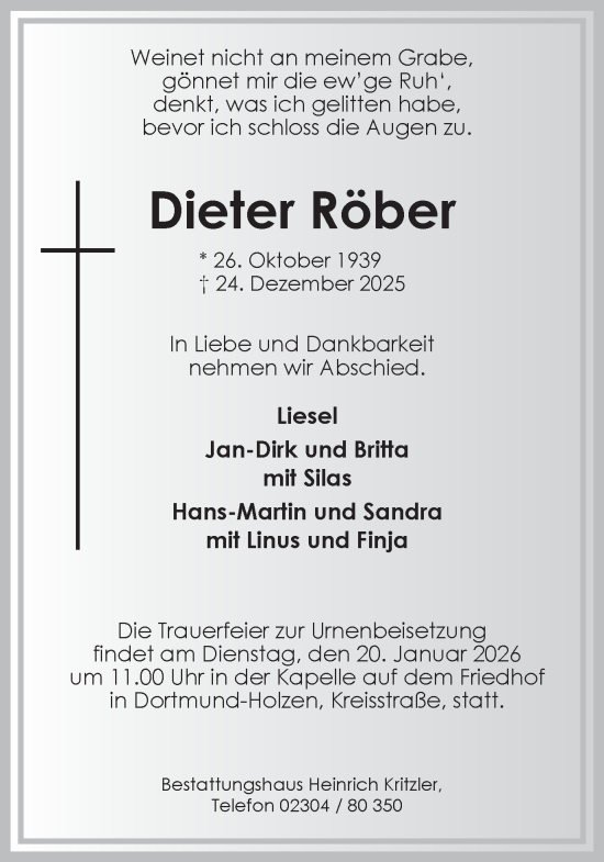 Traueranzeige von Dieter Röber von Ruhr Nachrichten