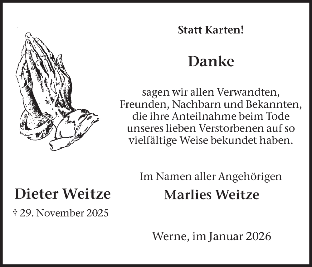  Traueranzeige für Dieter Weitze vom 03.01.2026 aus Ruhr Nachrichten