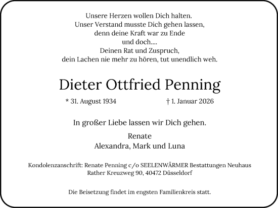 Traueranzeige von Dieter Ottfried Penning von Ruhr Nachrichten