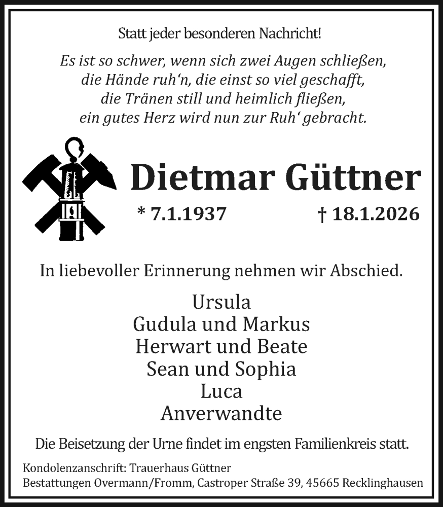  Traueranzeige für Dietmar Güttner vom 31.01.2026 aus Trauer Vest