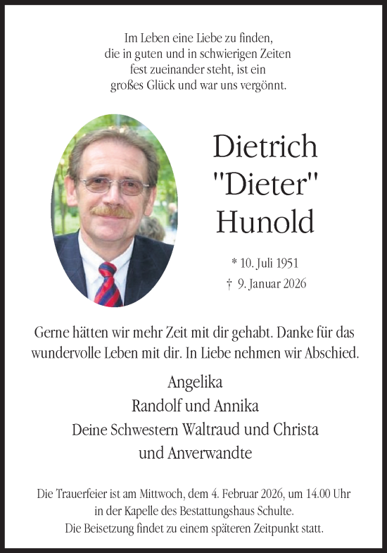 Traueranzeige von Dietrich Hunold von Ruhr Nachrichten und Dorstener Zeitung