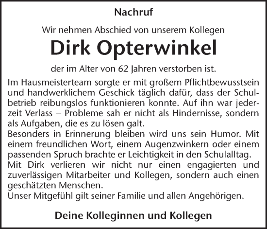 Traueranzeige von Dirk Opterwinkel von Lüner Anzeiger