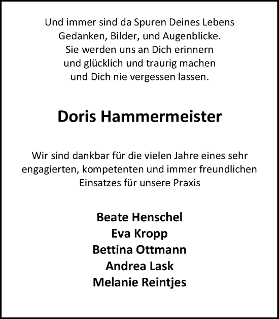 Traueranzeige von Doris Hammermeister von Ruhr Nachrichten
