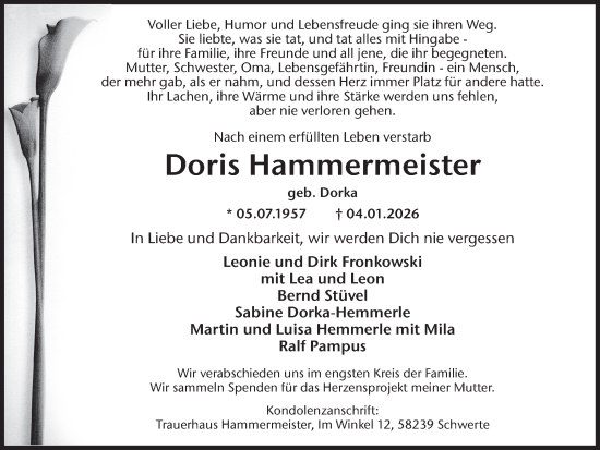Traueranzeige von Doris Hammermeister von Ruhr Nachrichten