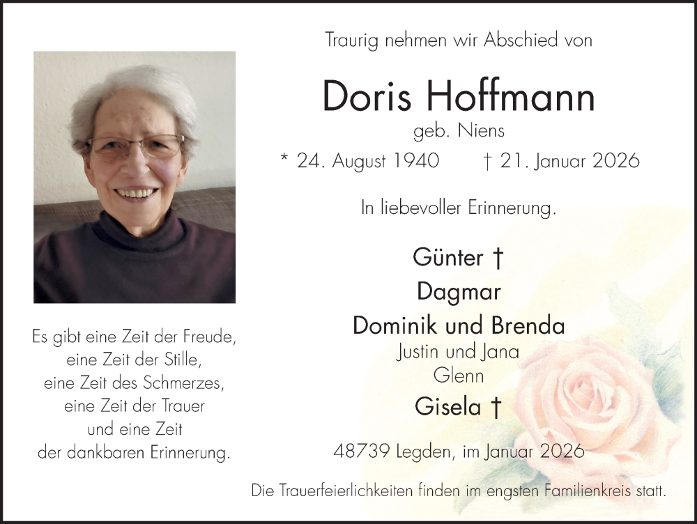  Traueranzeige für Doris Hoffmann vom 28.01.2026 aus Münsterland Zeitung