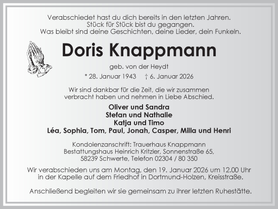 Traueranzeige von Doris Knappmann von Ruhr Nachrichten