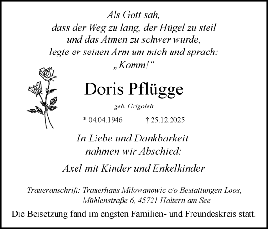 Traueranzeige von Doris Pflügge von Ruhr Nachrichten und Halterner Zeitung