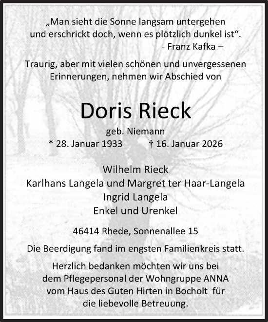 Traueranzeige von Doris Rieck 