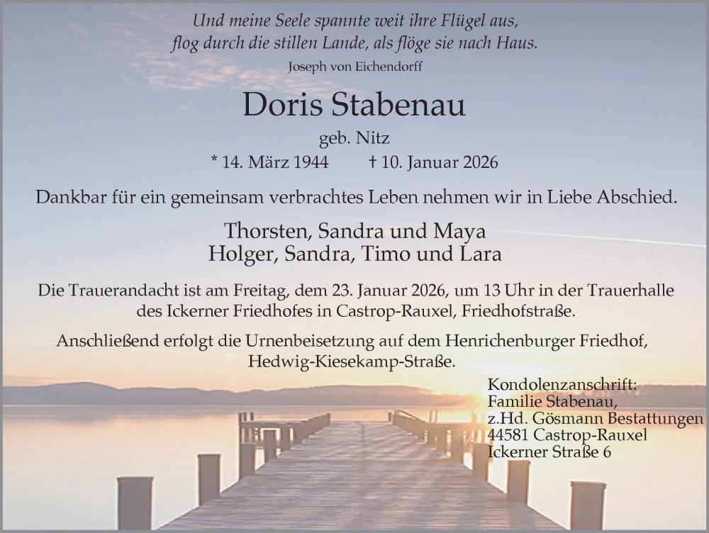  Traueranzeige für Doris Stabenau vom 17.01.2026 aus Stadtanzeiger Castrop-Rauxel