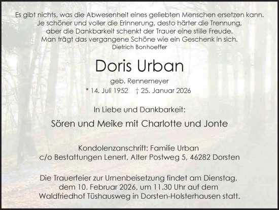 Traueranzeige von Doris Urban von Ruhr Nachrichten und Dorstener Zeitung