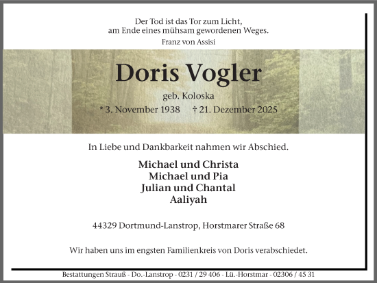 Traueranzeige von Doris Vogler von Ruhr Nachrichten