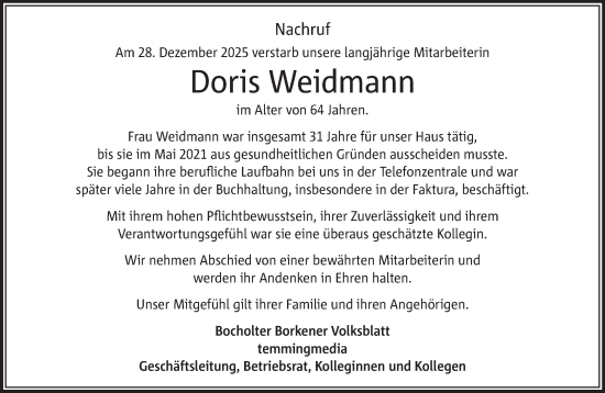 Traueranzeige von Doris Weidmann 