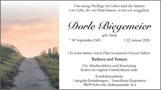 Traueranzeige von Dorle Biegemeier von Ruhr Nachrichten