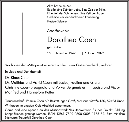 Traueranzeige von Dorothea Coen von Hellweger Anzeiger