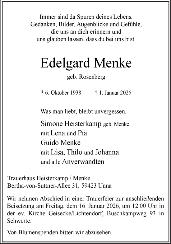 Traueranzeige von Edelgard Menke von Ruhr Nachrichten