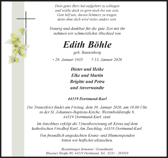 Traueranzeige von Edith Böhle von Ruhr Nachrichten
