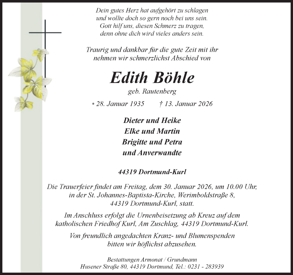  Traueranzeige für Edith Böhle vom 24.01.2026 aus Ruhr Nachrichten