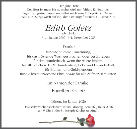 Traueranzeige von Edith Goletz von Lüner Anzeiger