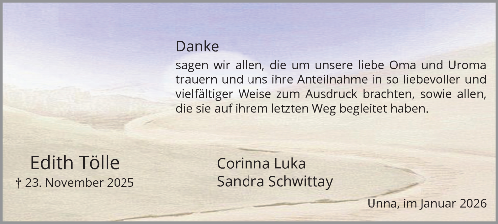  Traueranzeige für Edith Tölle vom 17.01.2026 aus Hellweger Anzeiger