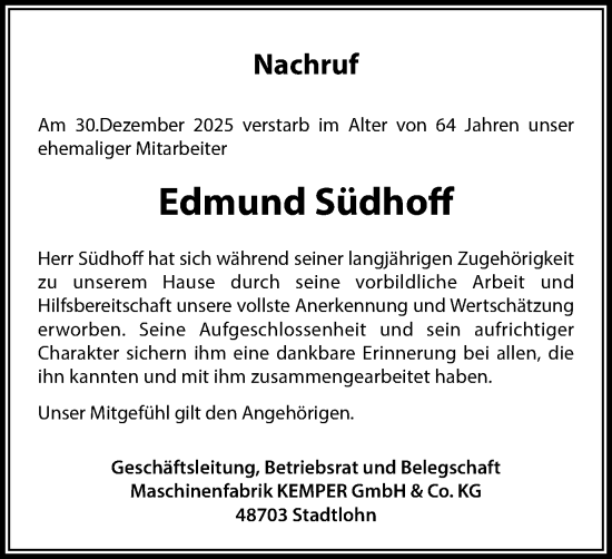 Traueranzeige von Edmund Südhoff von Münsterland Zeitung