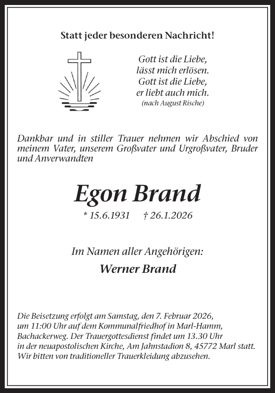 Traueranzeige von Egon Brand von Trauer Vest
