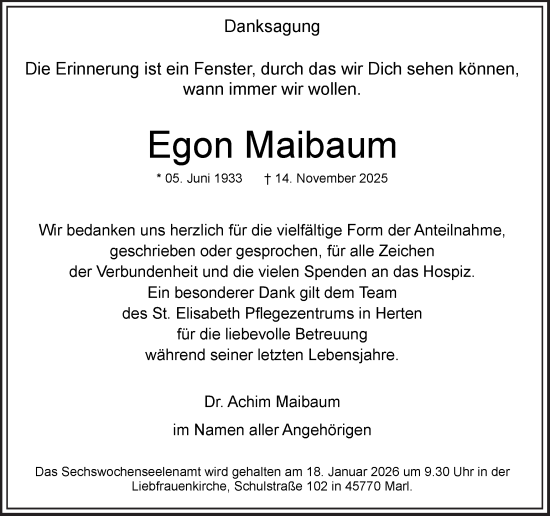 Traueranzeige von Egon Maibaum von Trauer Vest