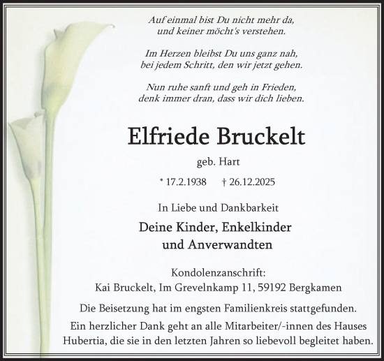 Traueranzeige von Elfriede Bruckelt von Hellweger Anzeiger