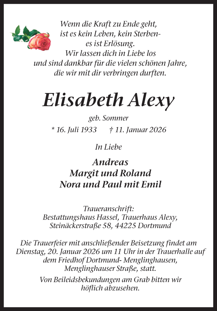  Traueranzeige für Elisabeth Alexy vom 17.01.2026 aus Ruhr Nachrichten