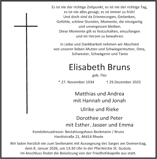 Traueranzeige von Elisabeth Bruns 