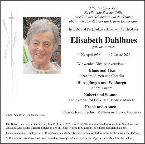 Traueranzeige von Elisabeth Dahlhues von Münsterland Zeitung