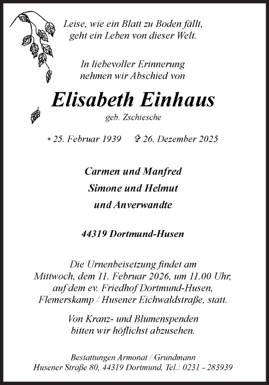 Traueranzeige von Elisabeth Einhaus von Ruhr Nachrichten