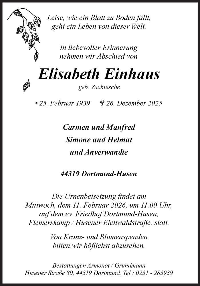  Traueranzeige für Elisabeth Einhaus vom 31.01.2026 aus Ruhr Nachrichten