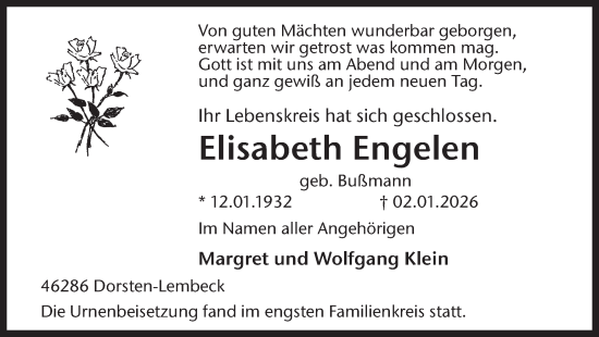 Traueranzeige von Elisabeth Engelen von Ruhr Nachrichten und Dorstener Zeitung