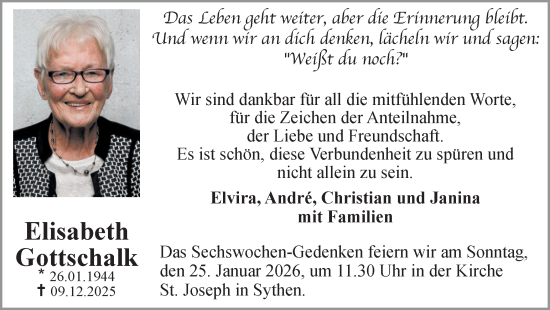 Traueranzeige von Elisabeth Gottschalk von Ruhr Nachrichten und Halterner Zeitung