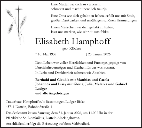 Traueranzeige von Elisabeth Hamphoff von Trauer Vest