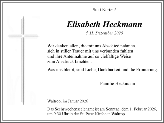 Traueranzeige von Elisabeth Heckmann von Trauer Vest