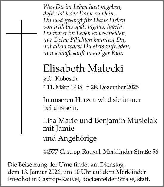 Traueranzeige von Elisabeth Malecki von Stadtanzeiger Castrop-Rauxel