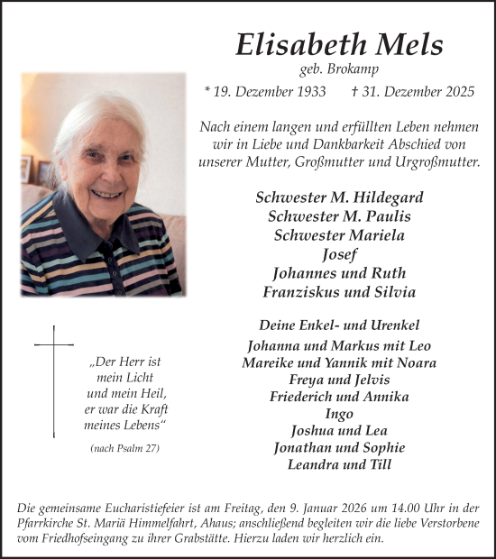 Traueranzeige von Elisabeth Mels von Münsterland Zeitung